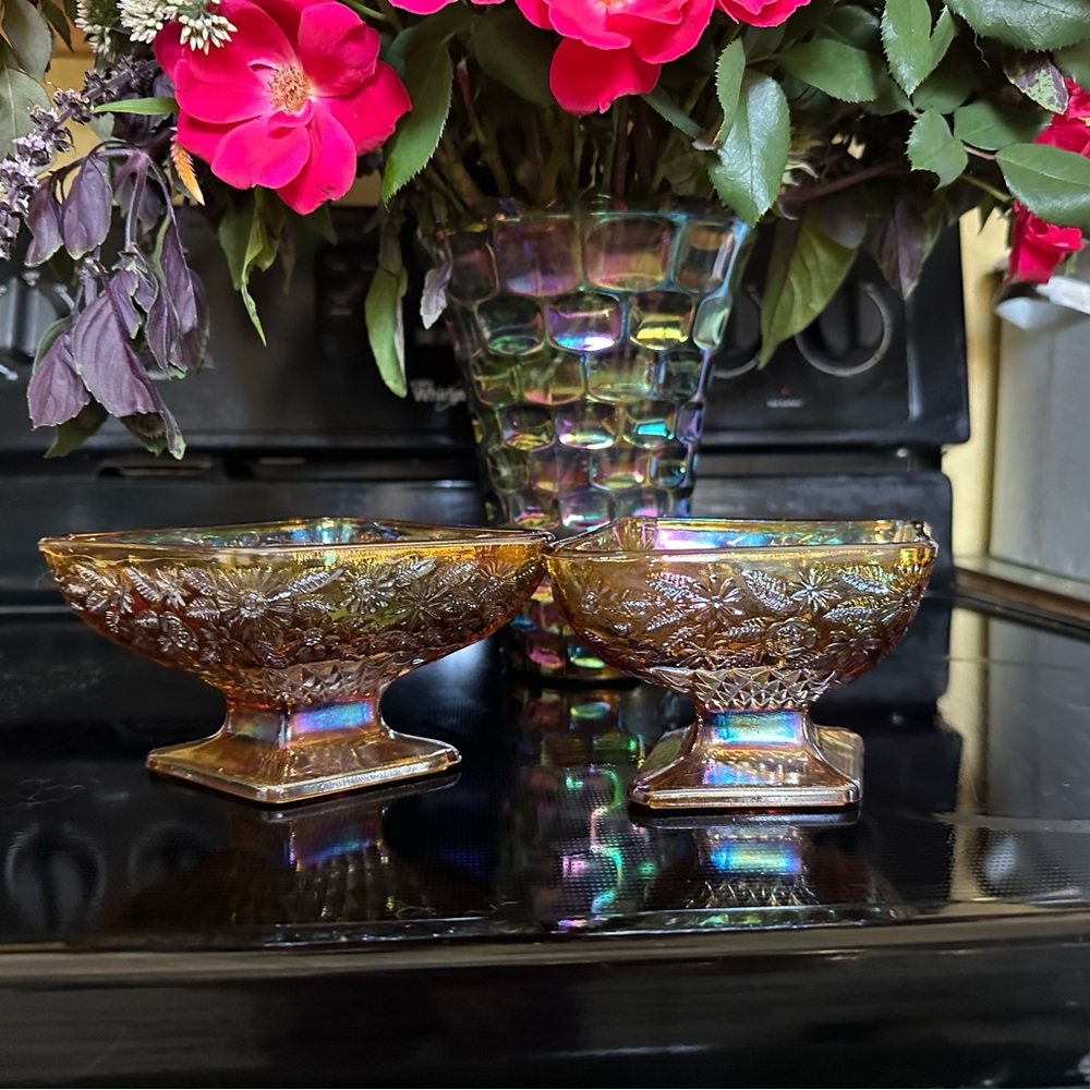 2 Indiana glass,Pineapple Diamond & Floral Amber Carnival compotes/candy dishes.
